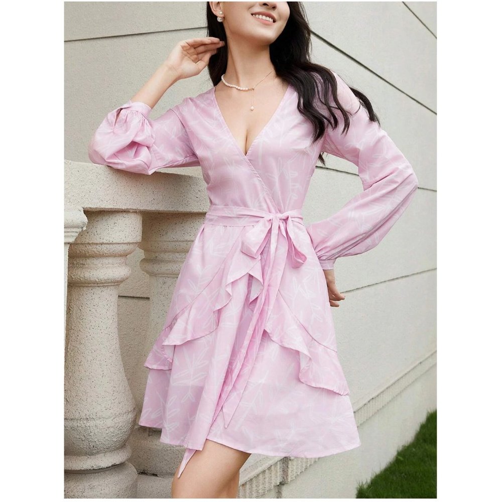 Gorgeous Pink Plunging Neck Ruffle Trim Belted Dress Size S NWT!